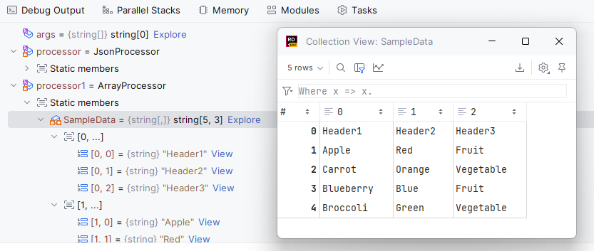 JetBrains Rider: Table visualization in debugger
