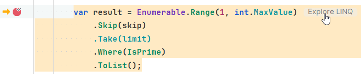 Explore LINQ hint in Rider.
