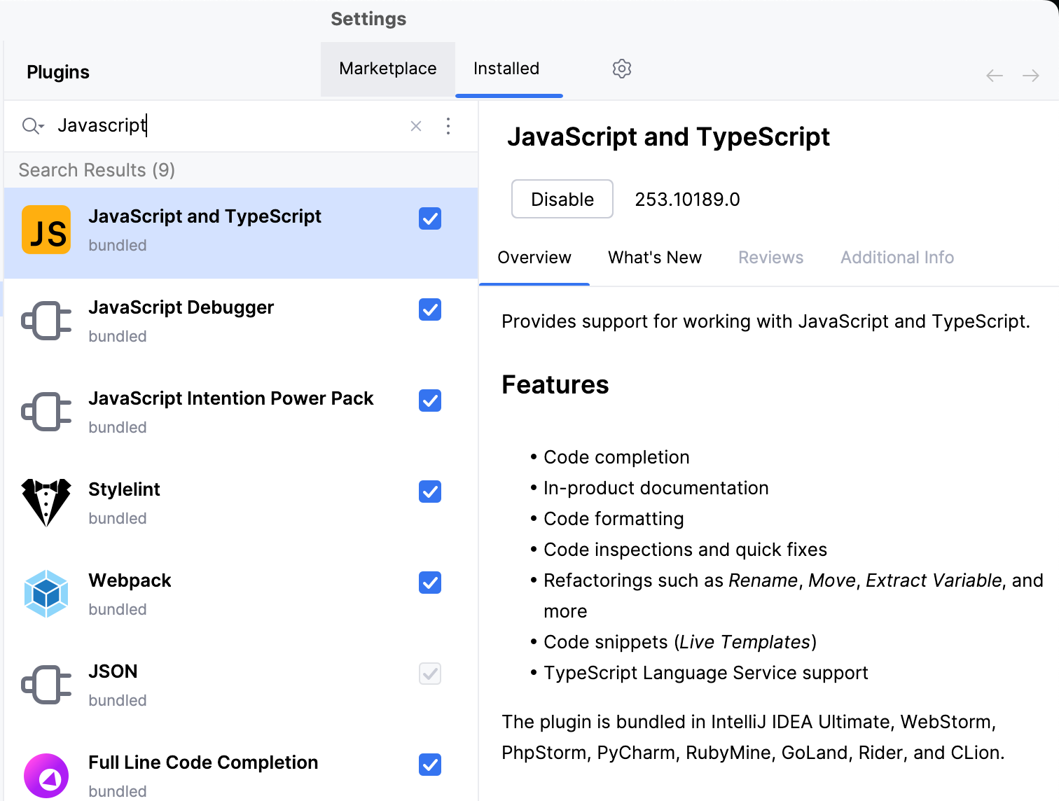 Bundled plugins: JavaScript and TypeScript, JavaScript Debugger