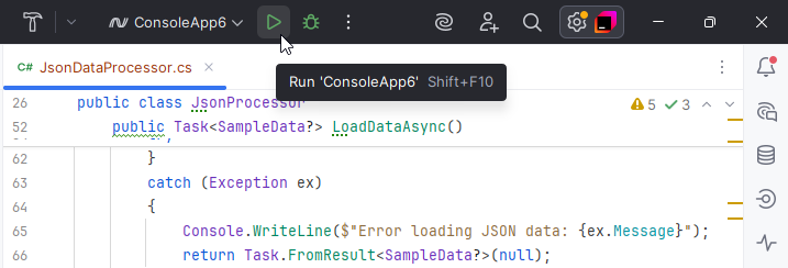 'Run' button near the Run widget