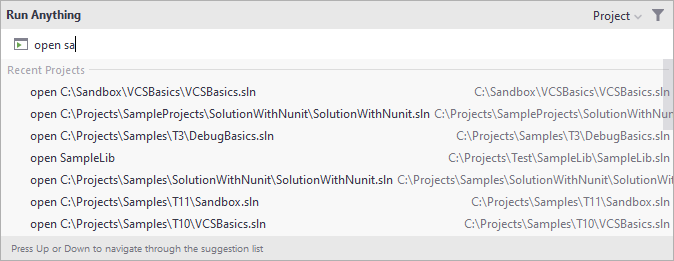 Opening a recent project from the Run Anything popup Opening a recent project from the Run Anything popup