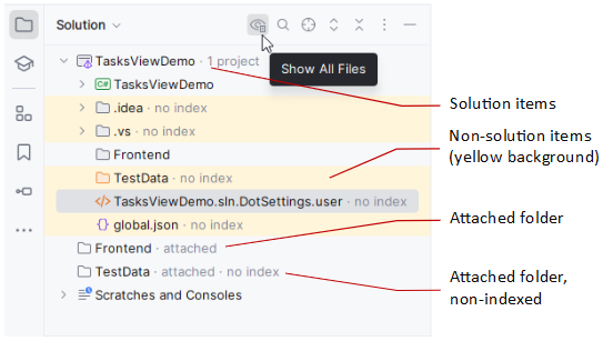 JetBrains Rider: Solution Explorer with the 'Show All Files' option enabled