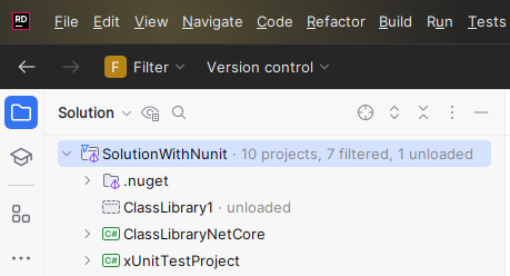 JetBrains Rider：解决方案资源管理器中的解决方案筛选器