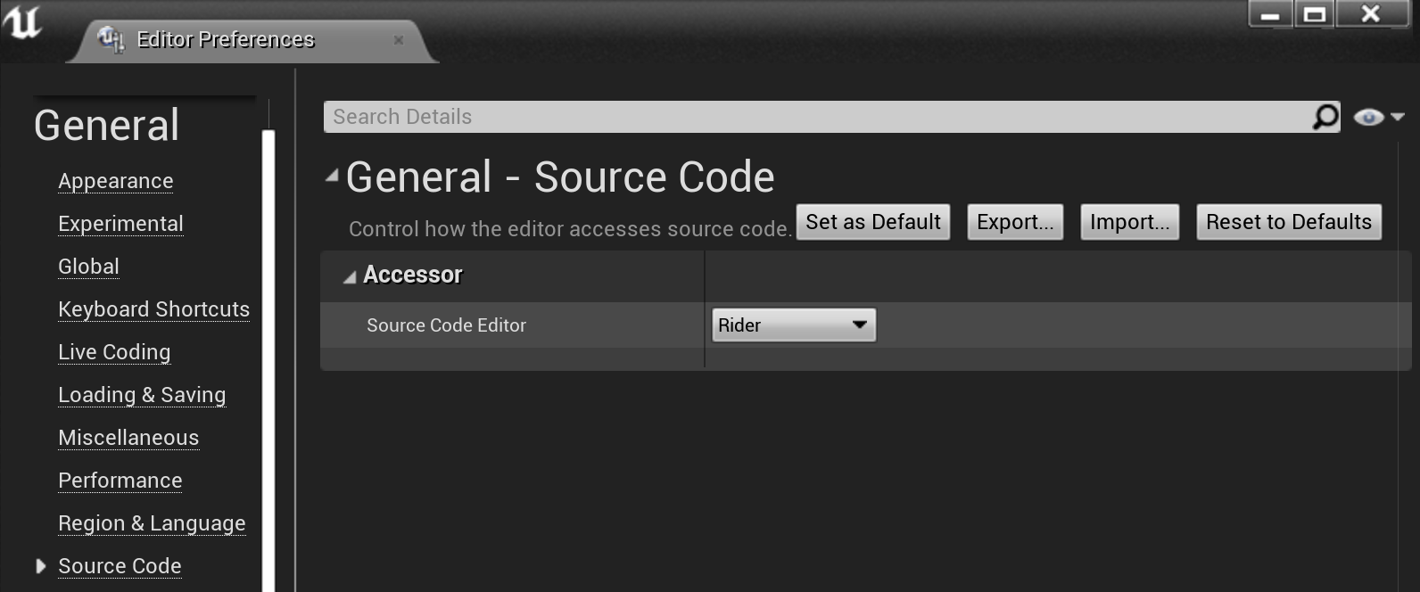 Unreal Editor:Editor Preferences | General | Source Code Unreal Editor:Editor Preferences | General | Source Code