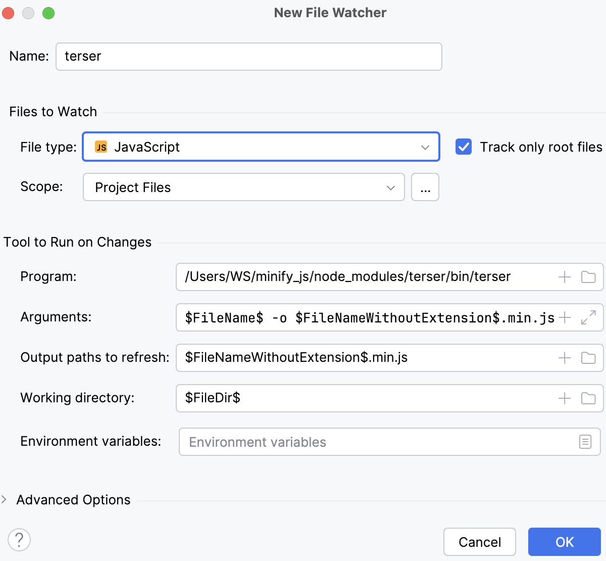 Create UglifyJS (terser) watcher: New Watcher dialog with default settings Create UglifyJS (terser) watcher: New Watcher dialog with default settings