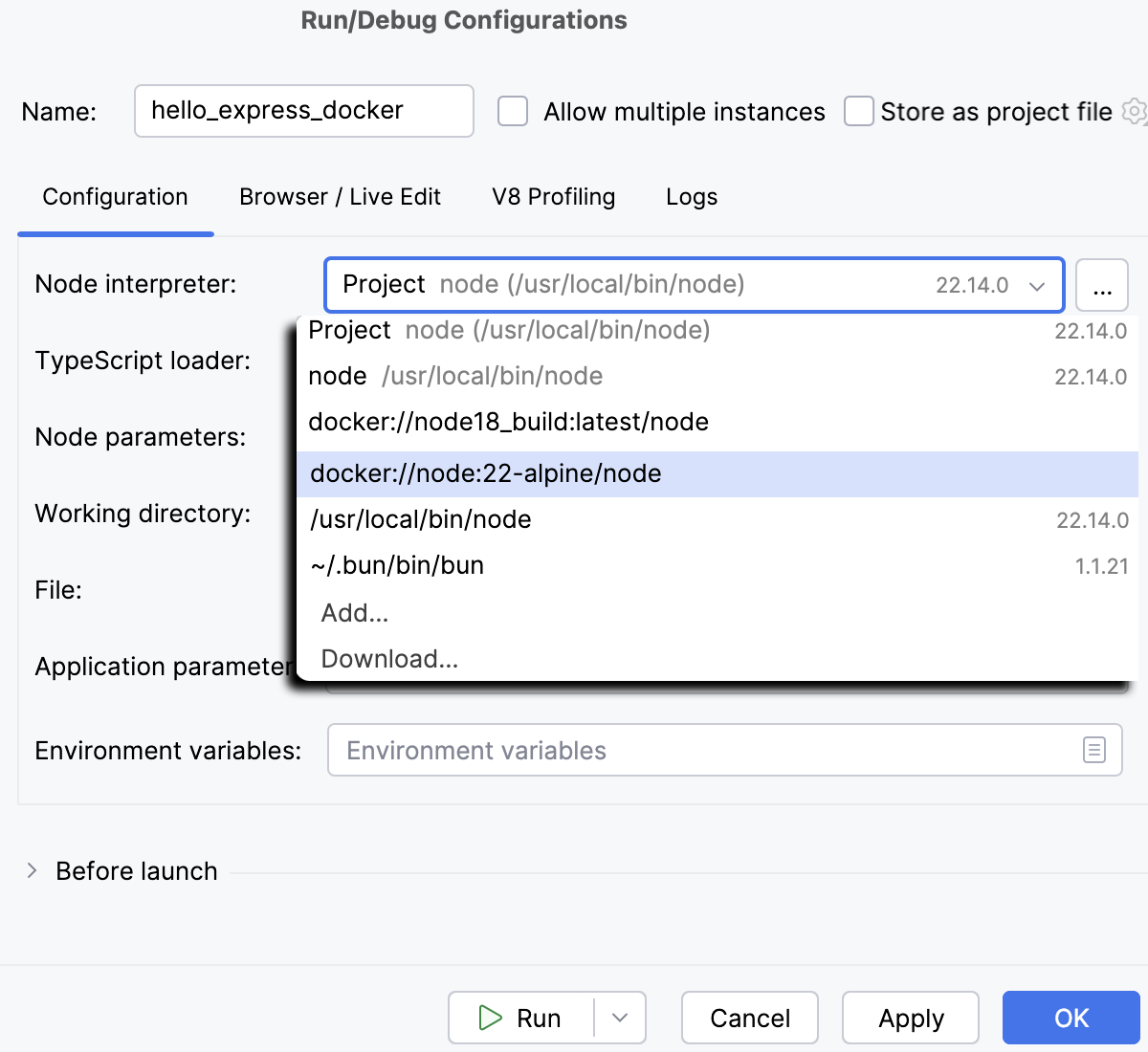 Node.js with Docker: run/debug configuration, select interpreter