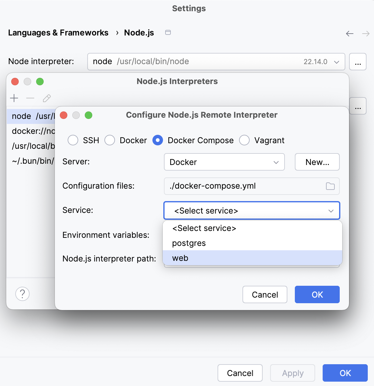 Configure Node.js interpreter via Docker Compose: select service
