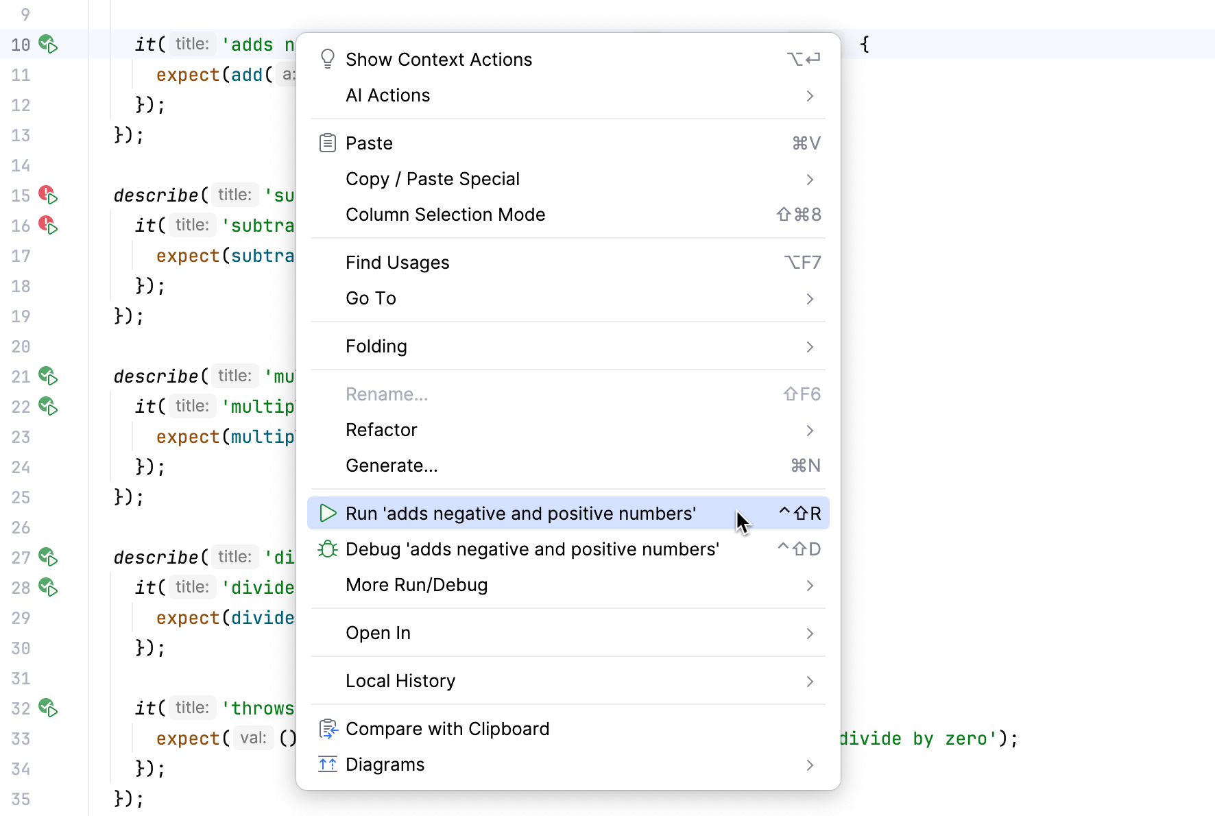 Rerun single failed test from the editor: context menu