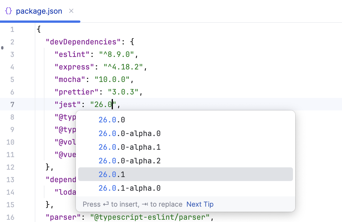 Code completion for previous package versions
