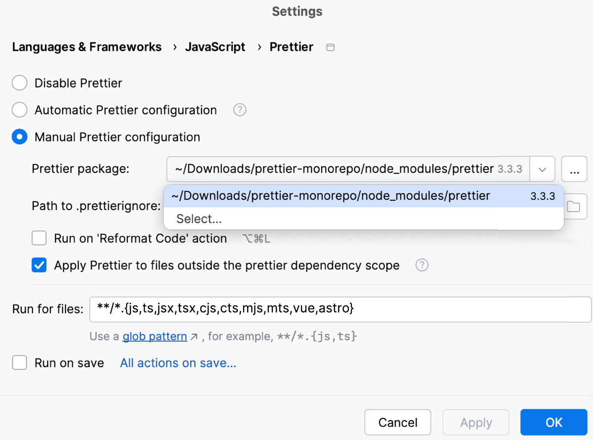 Configure Prettier: manual mode Configure Prettier: manual mode