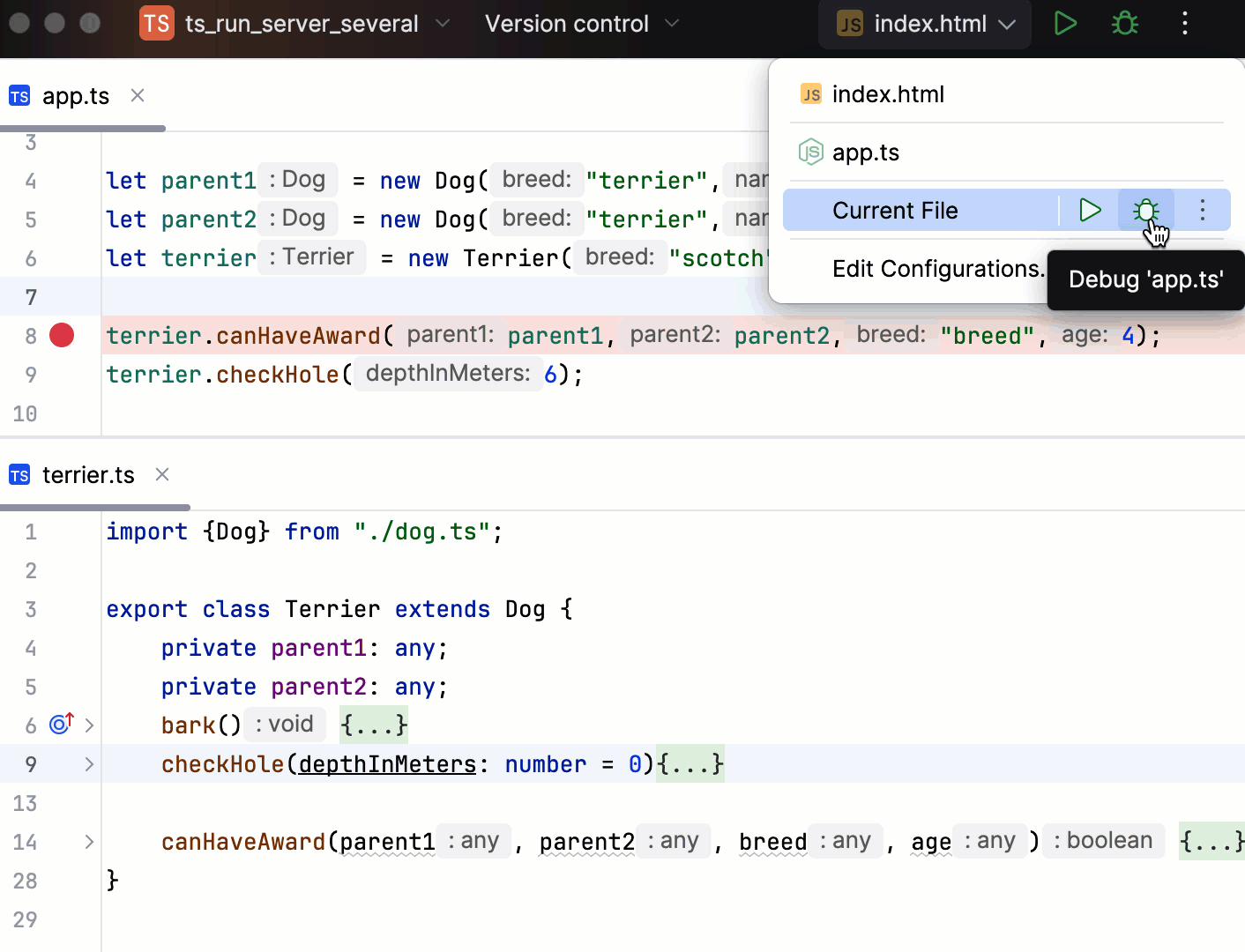 调试服务器端 TypeScript 从 Run widget