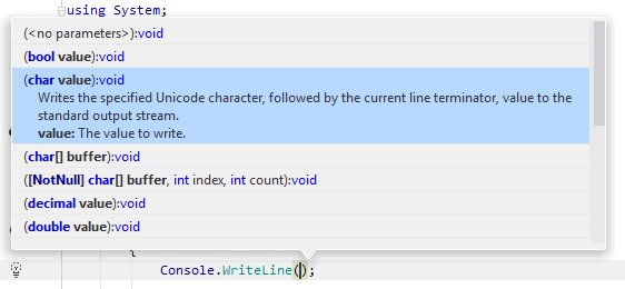 Viewing available method signatures using the JetBrains Rider's parameter information popup Viewing available method signatures using the JetBrains Rider's parameter information popup