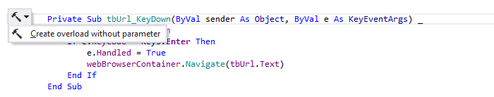 JetBrains Rider: 'Create overload without parameter' context action in VB.NET JetBrains Rider: 'Create overload without parameter' context action in VB.NET