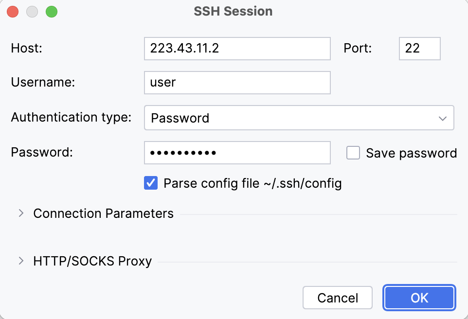 Providing data in the SSH Session dialog Providing data in the SSH Session dialog