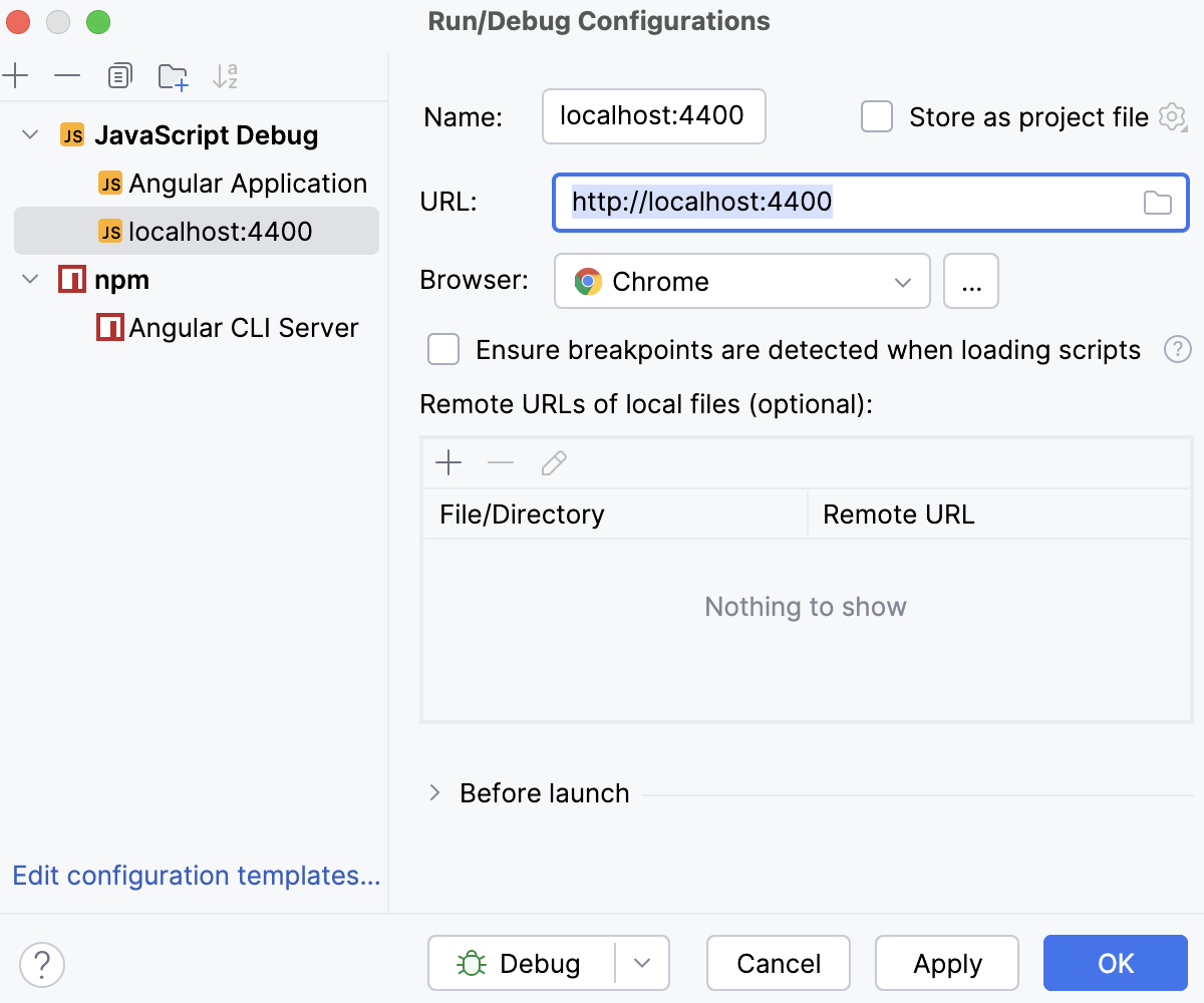 Create a JavaScript Debug configuration: specify the URL