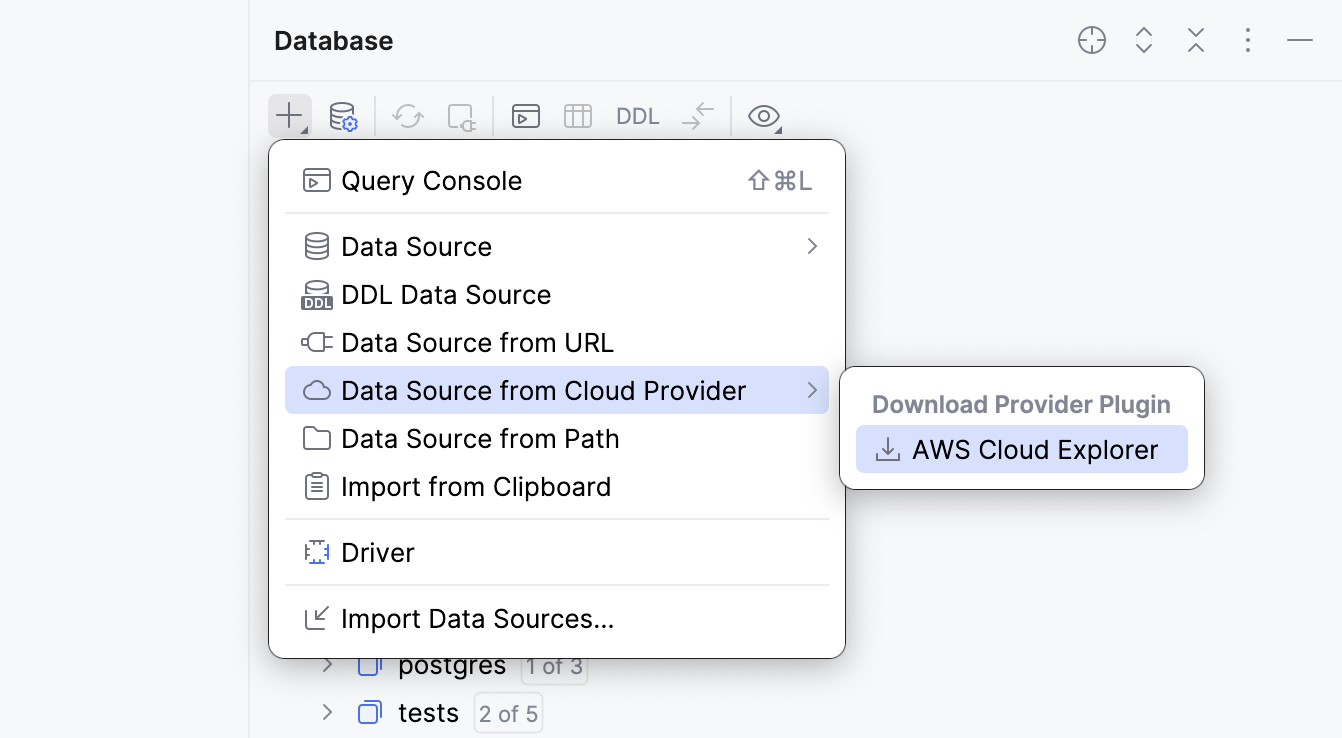 Selecting the AWS cloud provider plugin to download in Database tool window