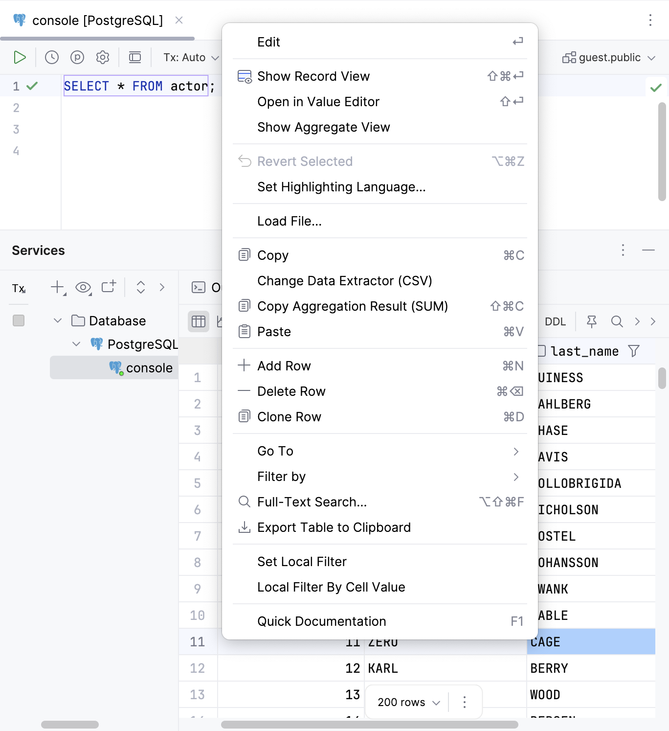 Context menu of a cell in data editor