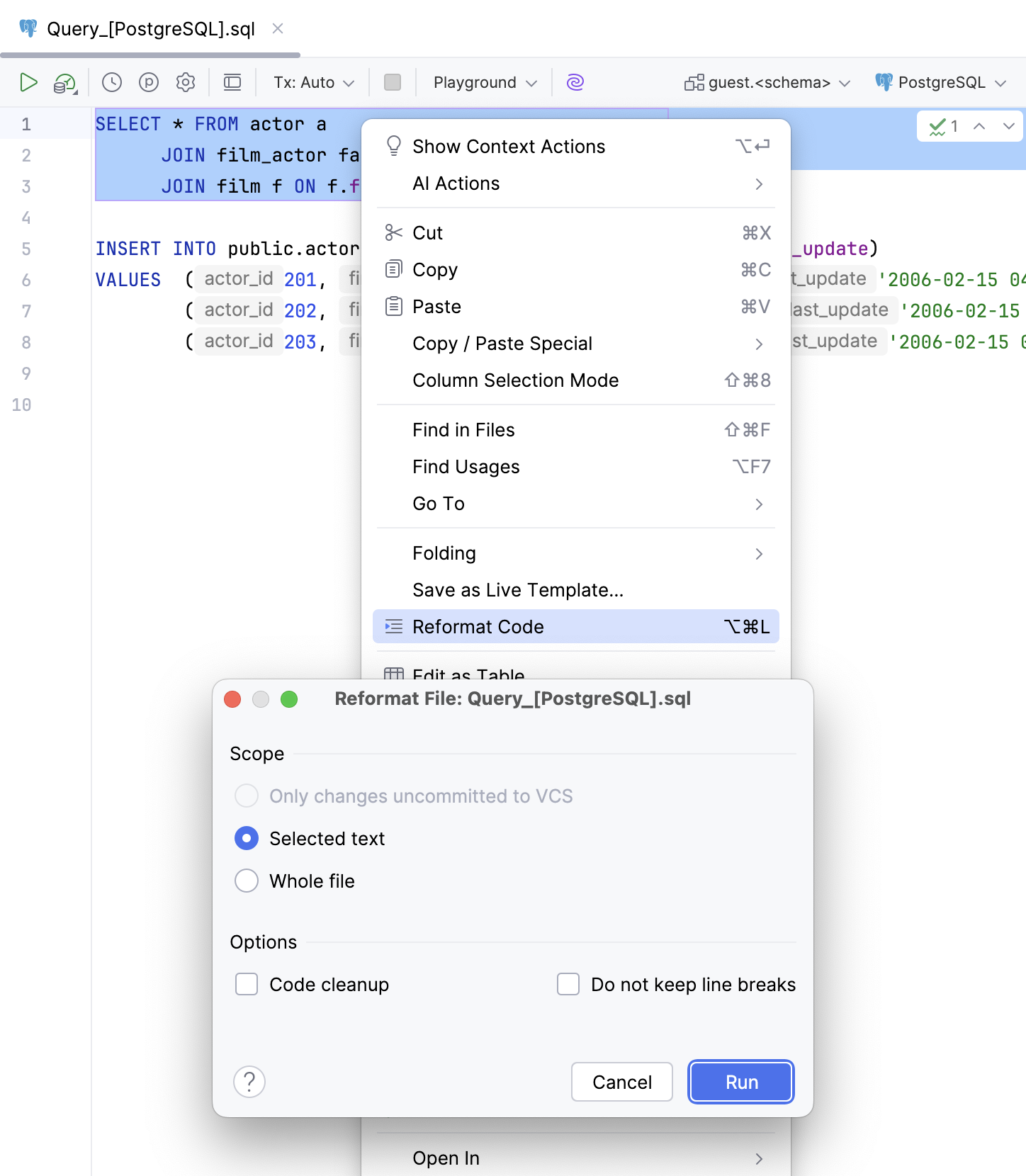 Apply a code style in the editor