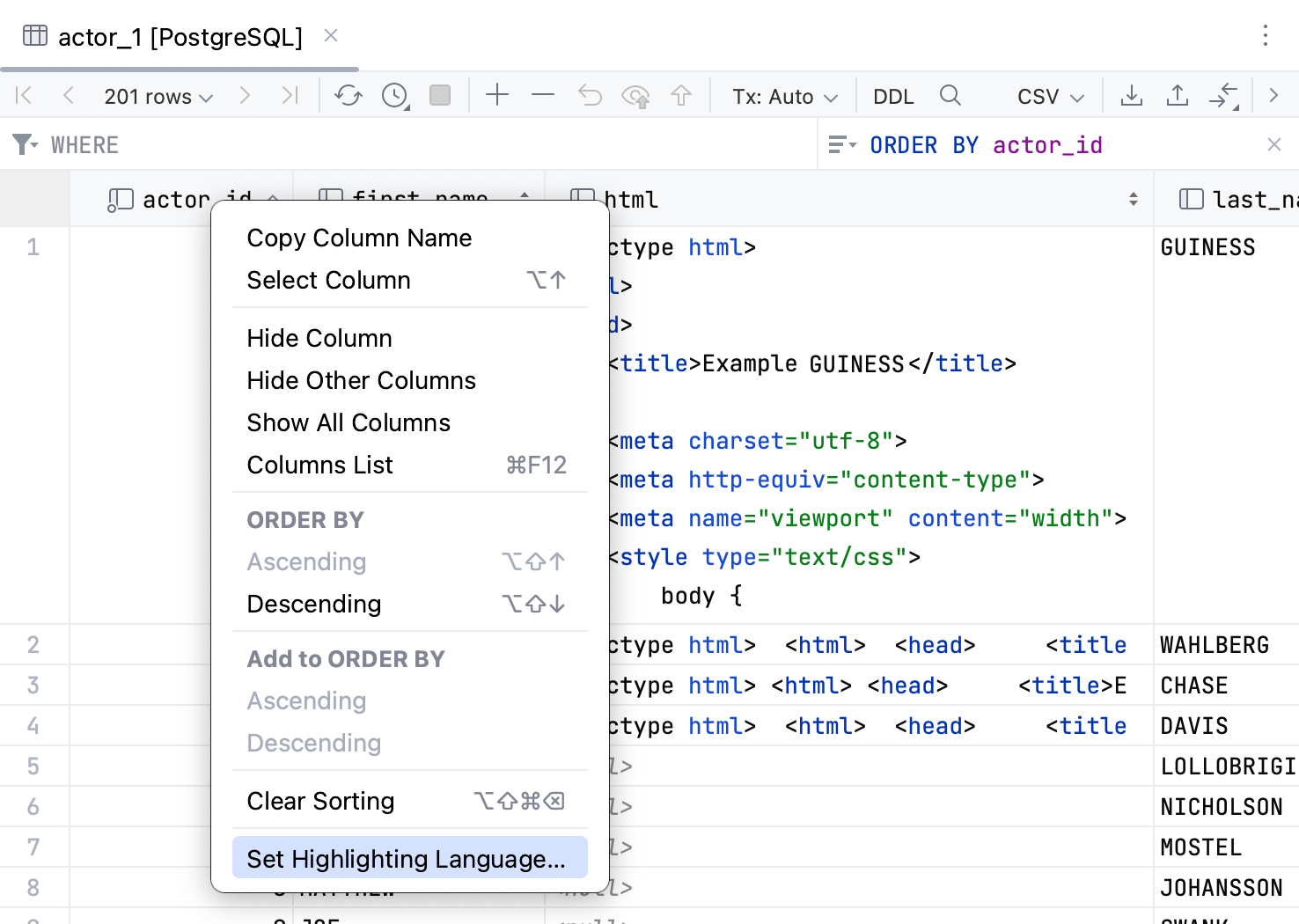 Inject a language for a column Inject a language for a column