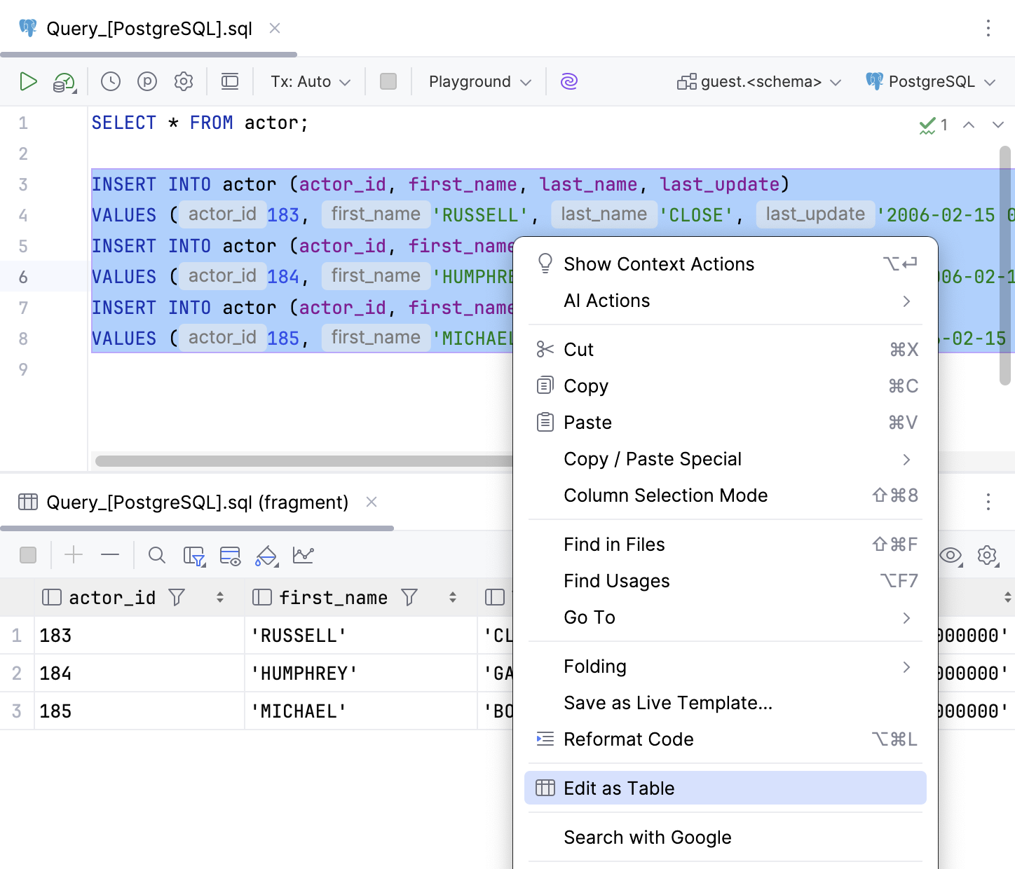 Edit data in INSERT statements as a table