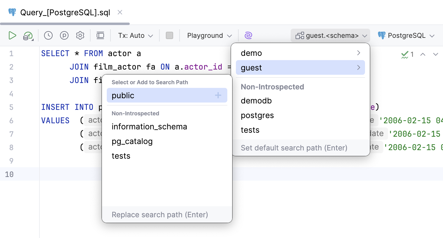 Select the default schema or database Select the default schema or database
