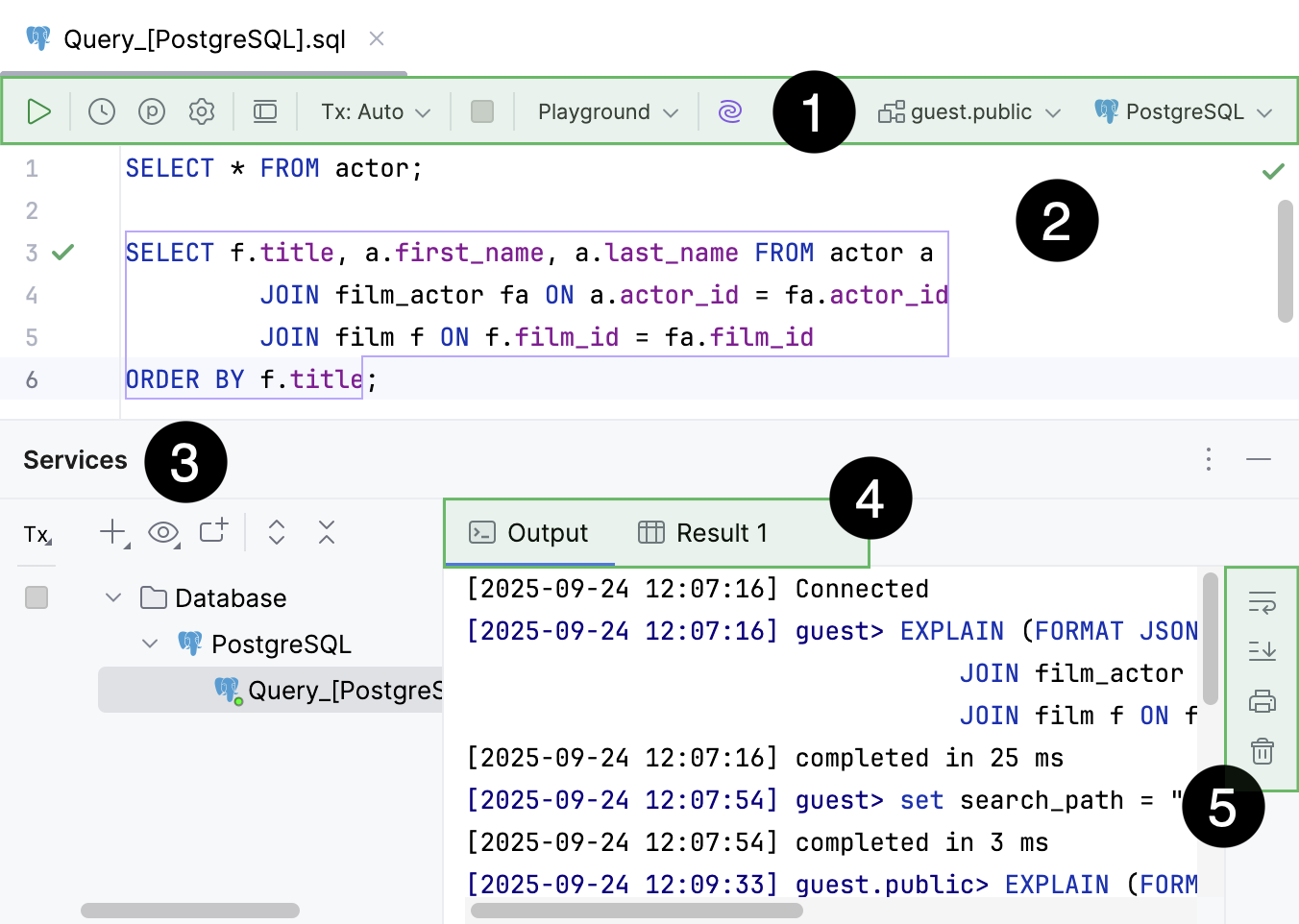 Query file with an active Output tab of Services tool window