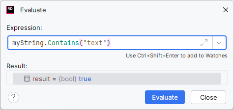 JetBrains Rider: Evaluate Expression dialog