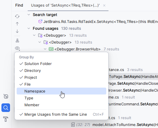 JetBrains Rider: Grouping search results JetBrains Rider: Grouping search results