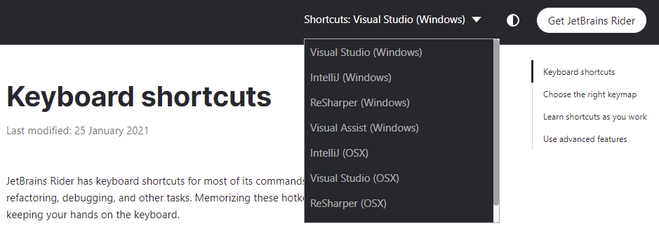 Keyboard shortcuts selector in the documentation Keyboard shortcuts selector in the documentation