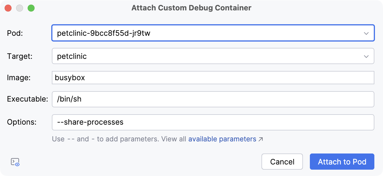 the Attach Custom Debug Container dialog the Attach Custom Debug Container dialog