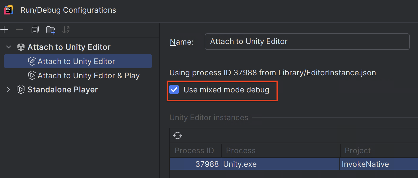 JetBrains Rider: Mixed mode debug in run configuration
