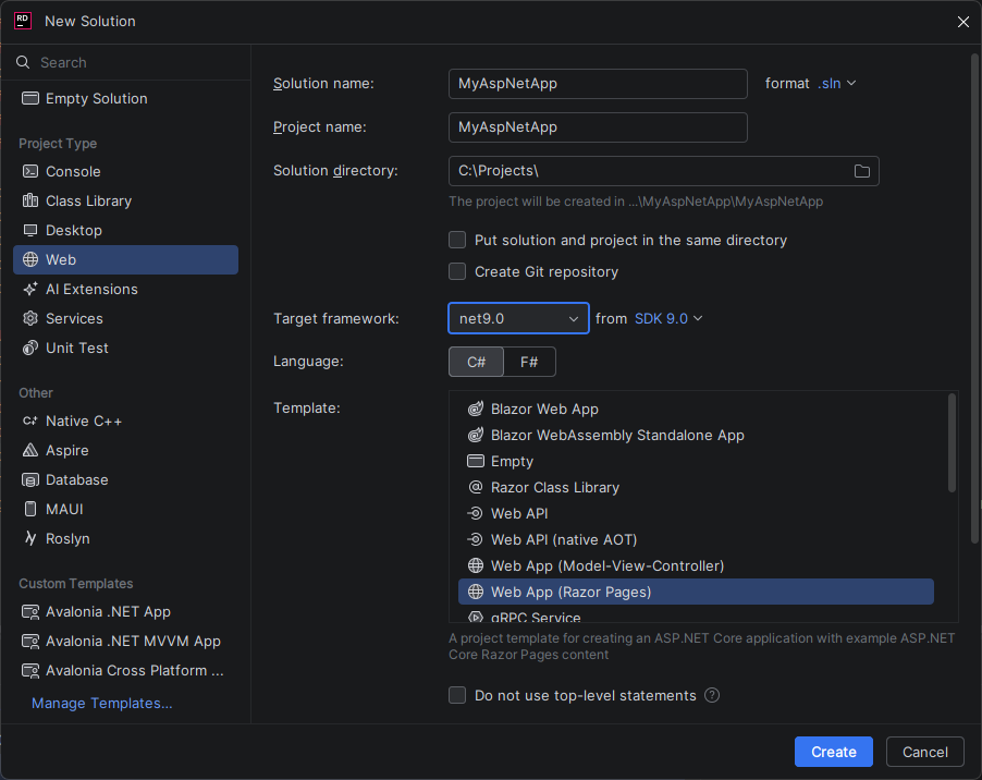 JetBrains Rider: New Solution dialog for ASP.NET Web app JetBrains Rider: New Solution dialog for ASP.NET Web app