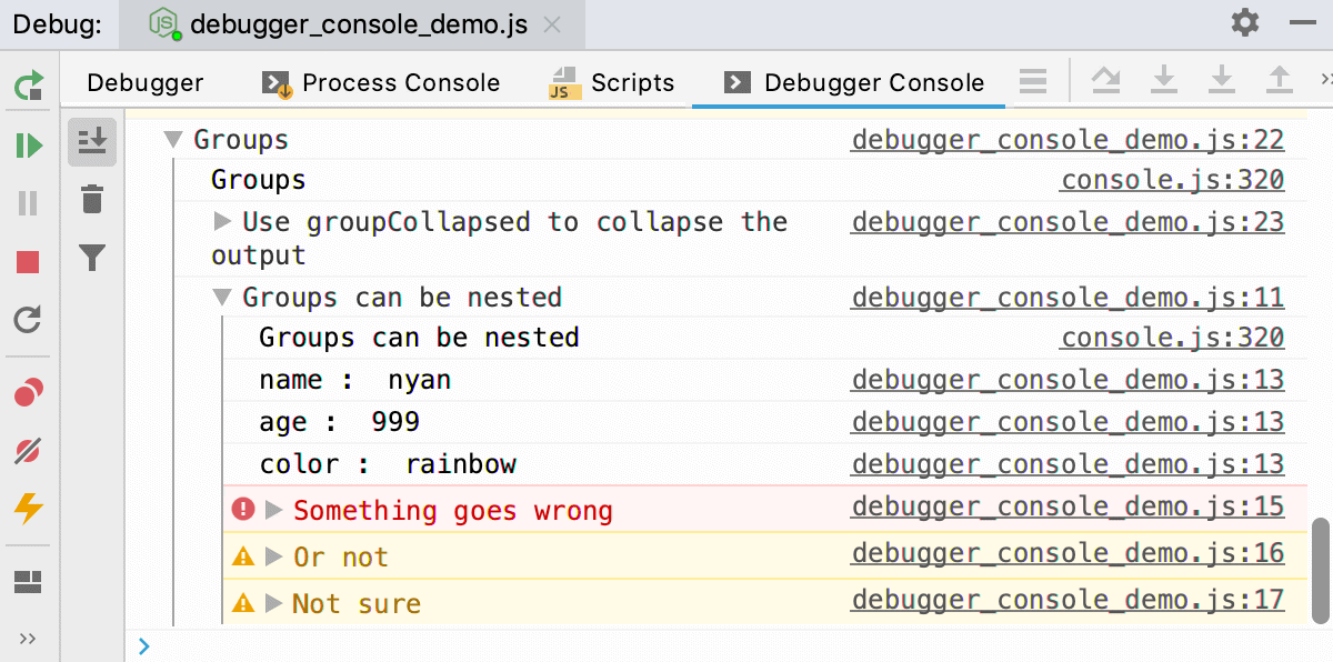 Node.js interactive debugger console: log messages grouped Node.js interactive debugger console: log messages grouped