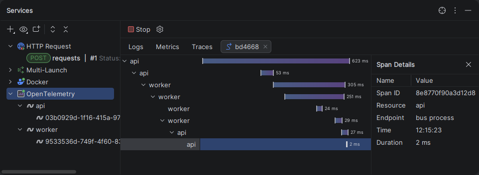 JetBrains Rider: OpenTelementry - Traces - Spans view