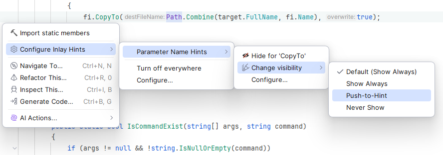 JetBrains Rider: configuring parameter name hints from the Alt+Enter menu JetBrains Rider: configuring parameter name hints from the Alt+Enter menu