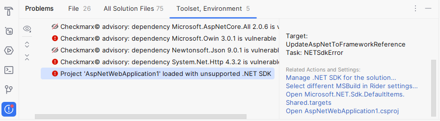 JetBrains Rider: Problems window. Toolset, Environment tab JetBrains Rider: Problems window. Toolset, Environment tab