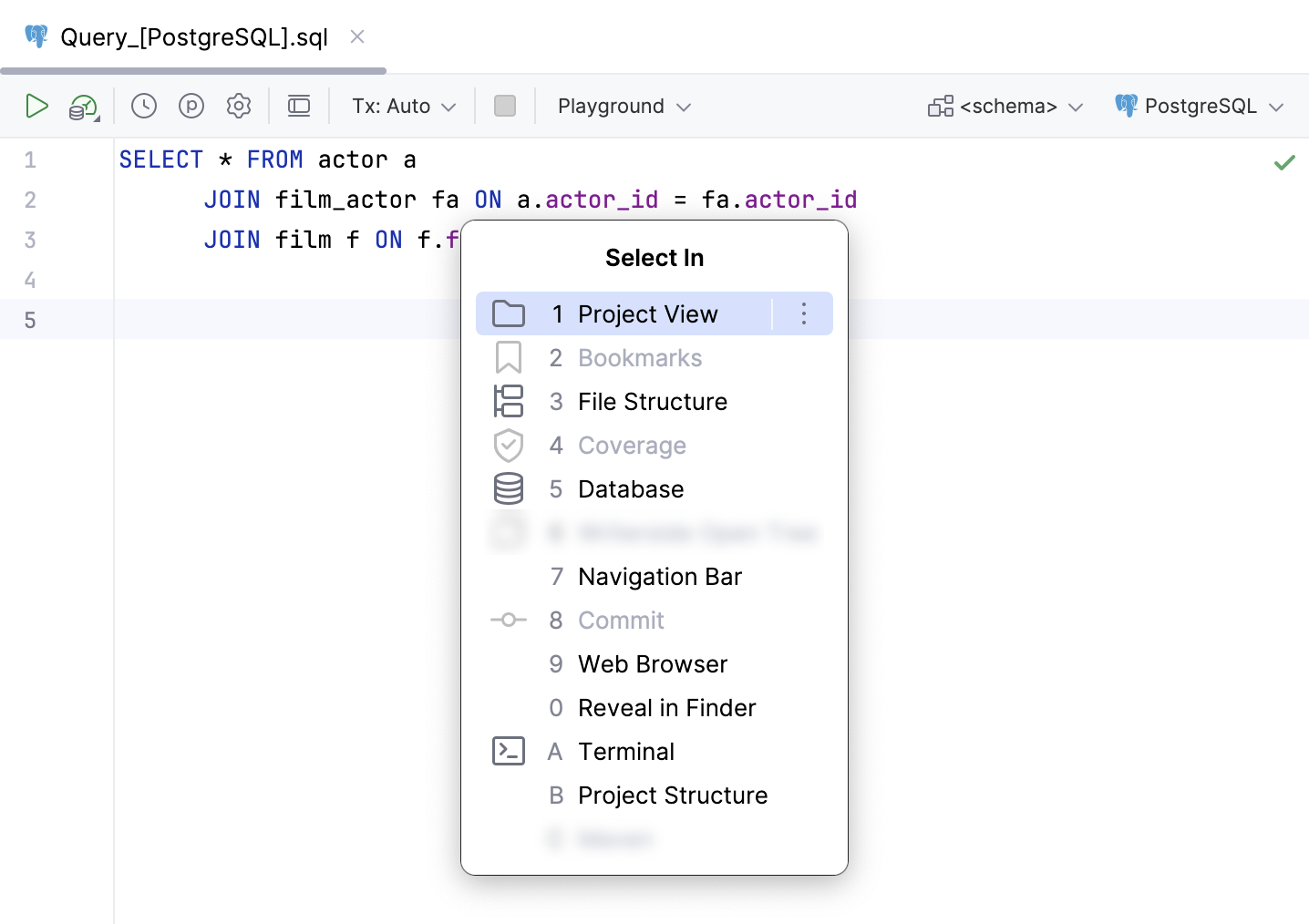 Navigate to a query console  from the Select In window