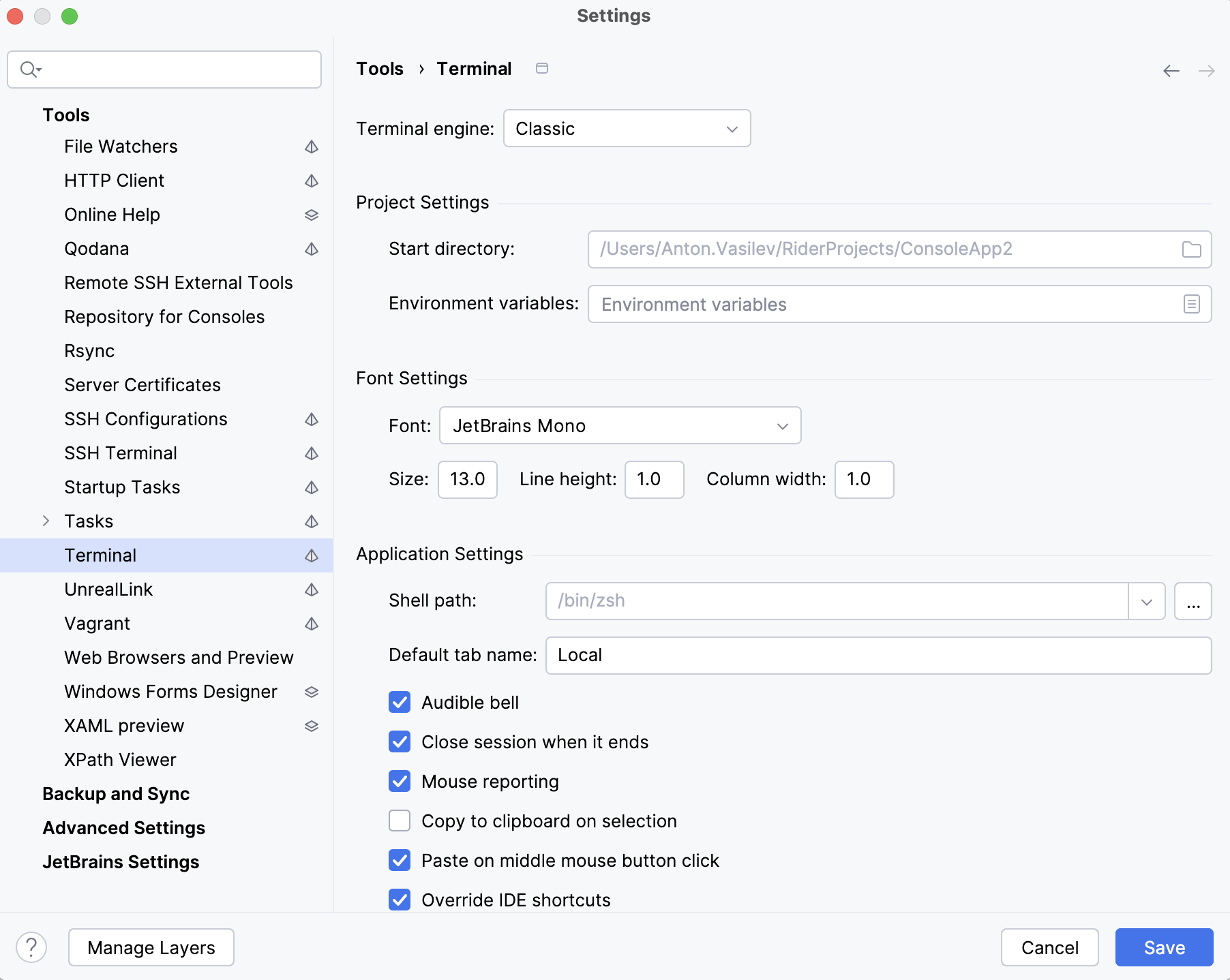 Settings | Tools | Terminal