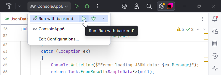 'Run' button near a run configuration in the Run widget menu
