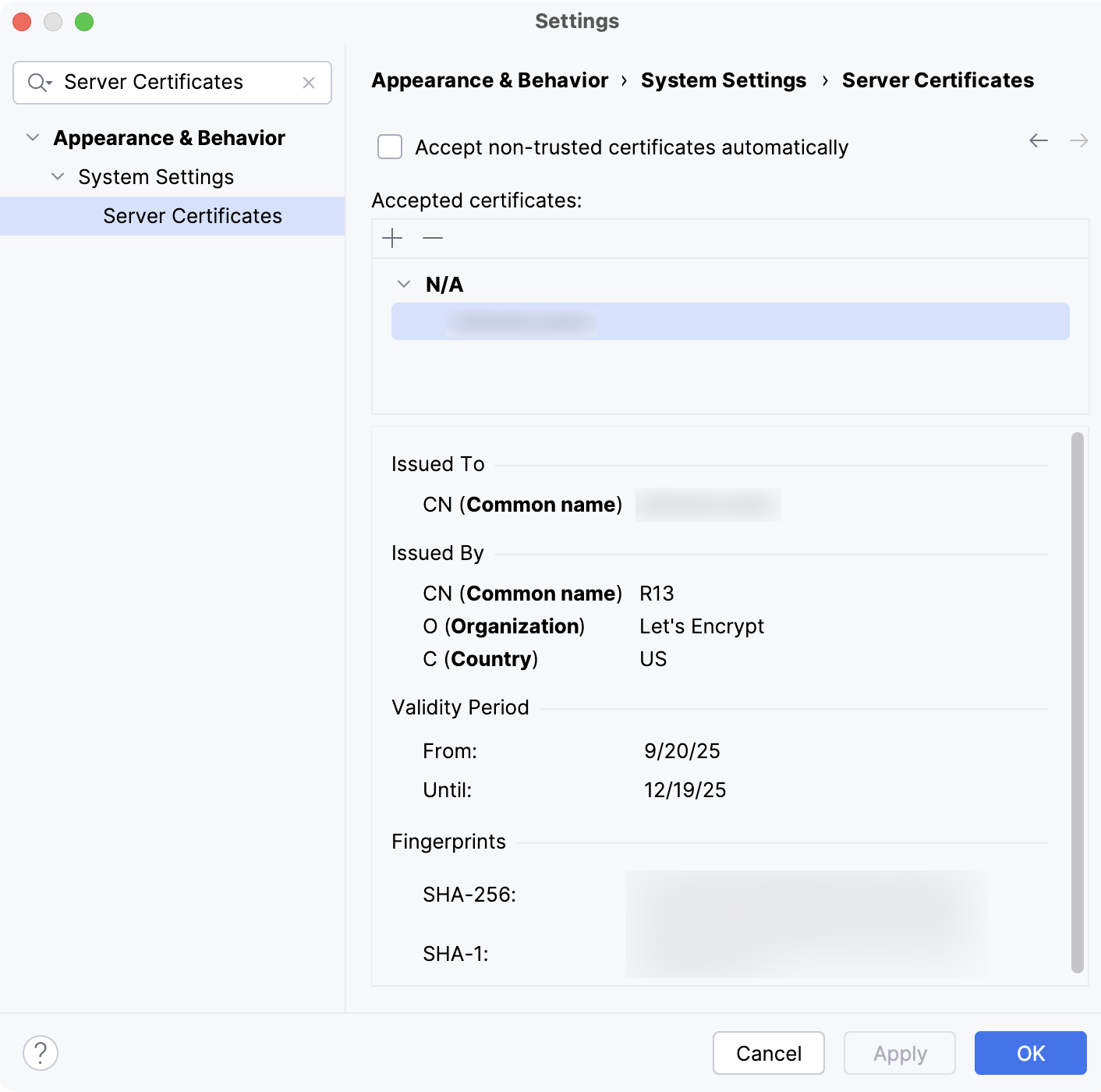 Server Certificates page in Settings