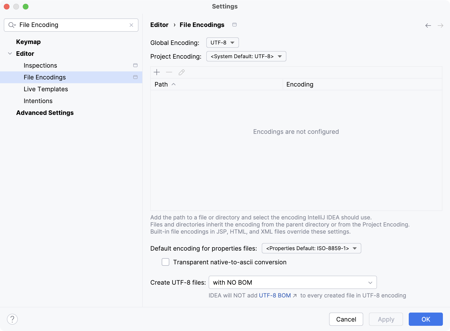 The Editor | File Encodings settings