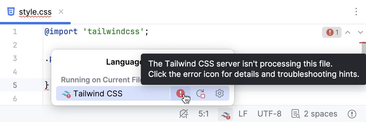 An error indicator is shown on the Status bar