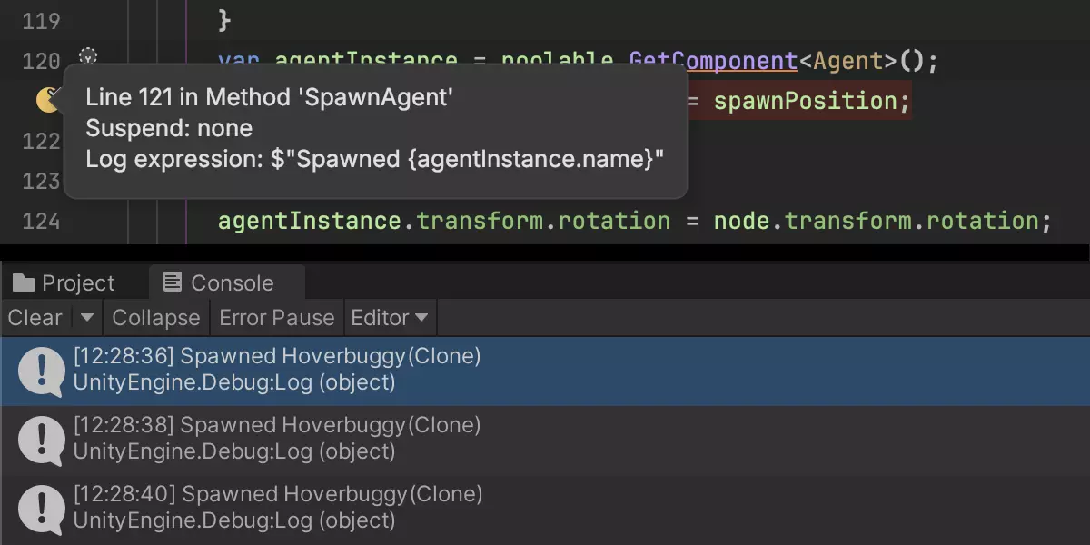 JetBrains Rider: Unity tracepoint output to Unity Console