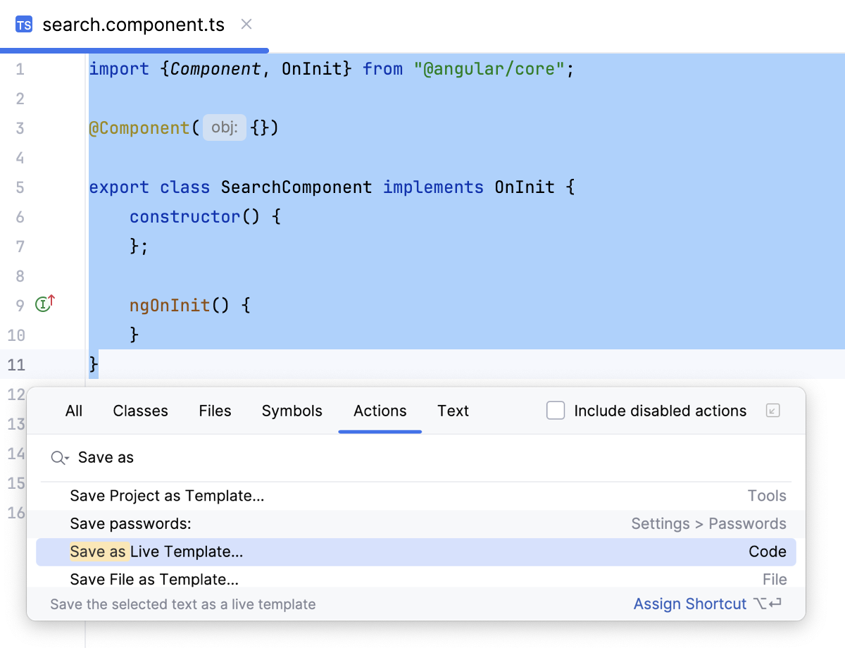 Select code to save as live template