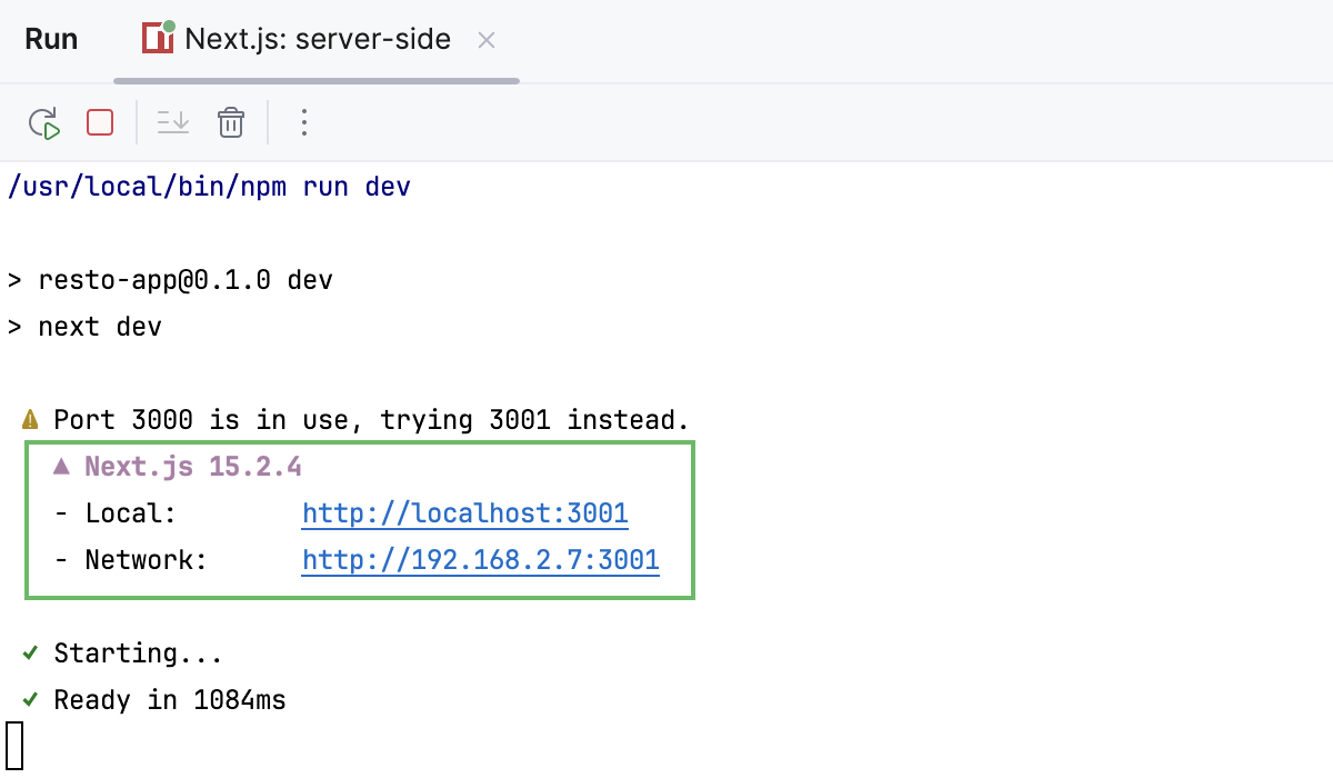 Run tool window with a link to the app