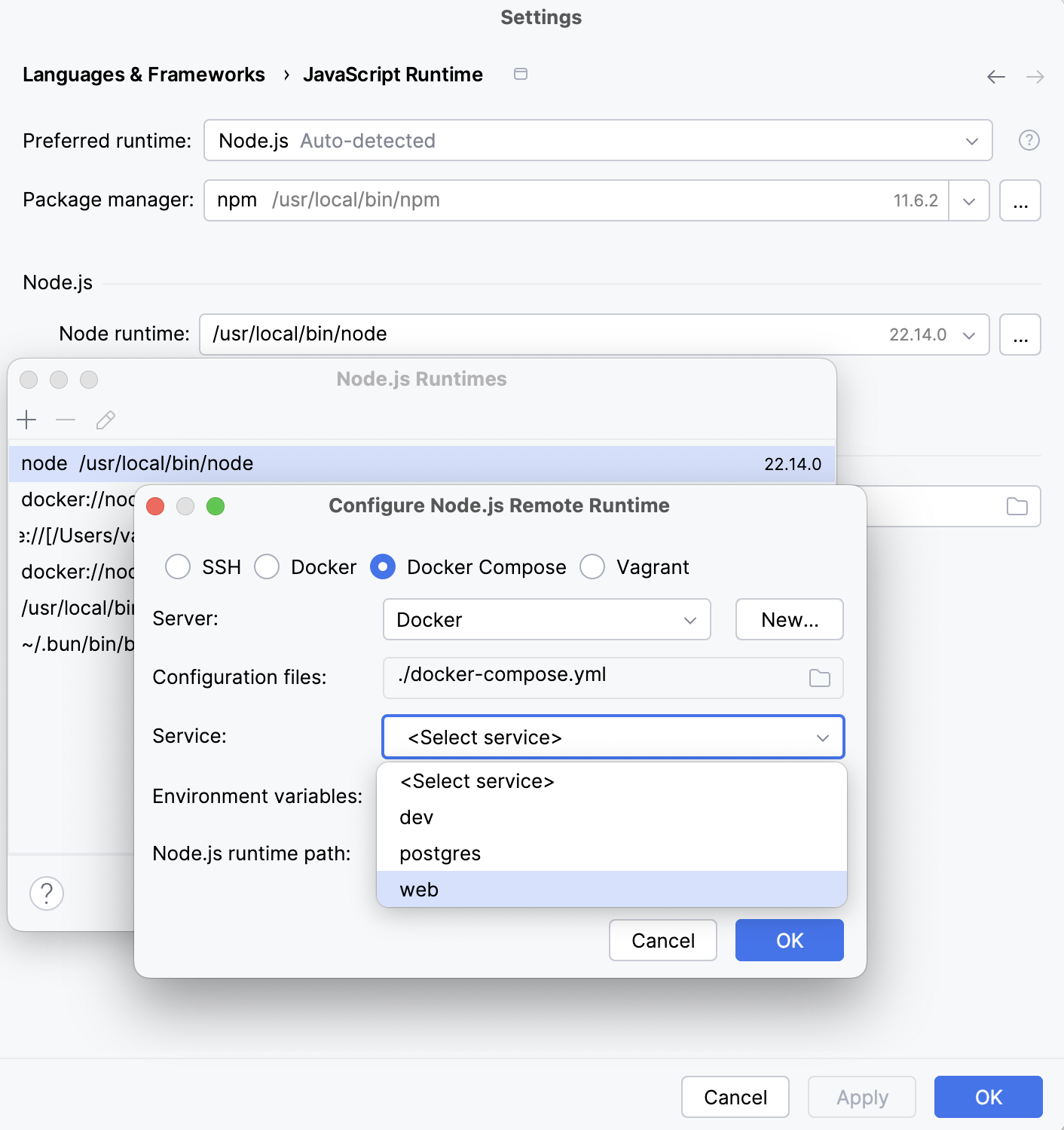 Configure Node.js runtime via Docker Compose: select service