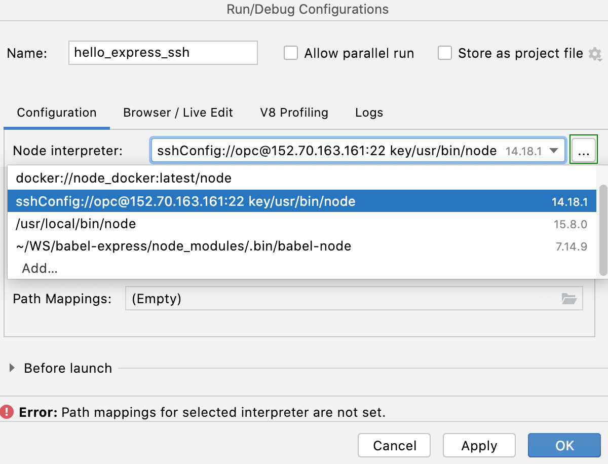 Create Node.js run configuration: select remote Node.js via SSH interpreter Create Node.js run configuration: select remote Node.js via SSH interpreter