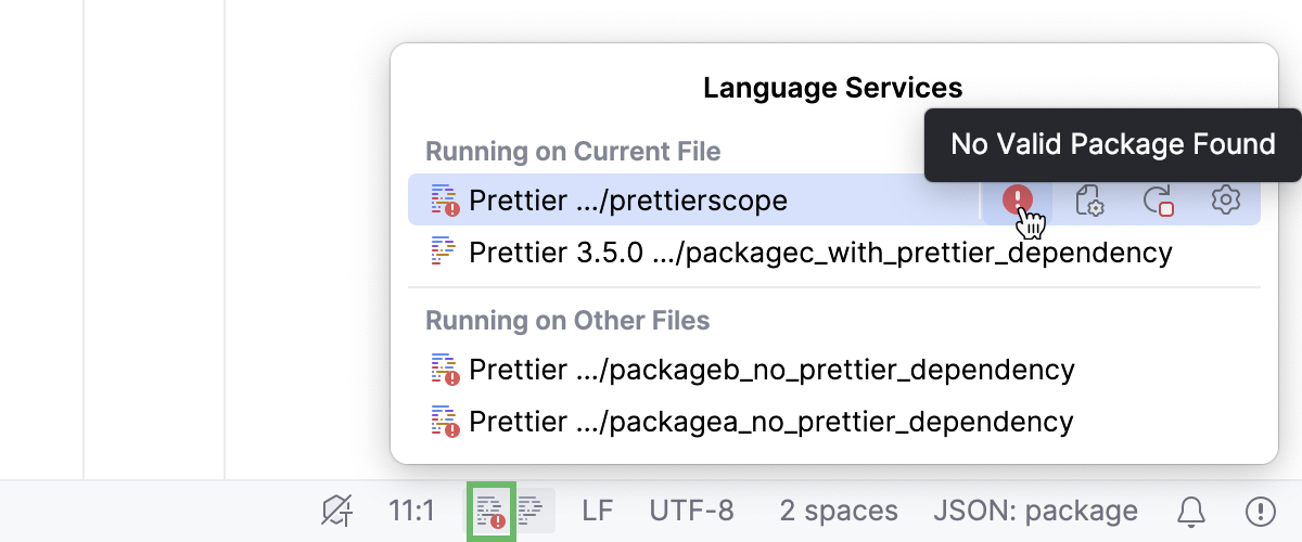 Prettier language status widget - an error is detected Prettier language status widget - an error is detected