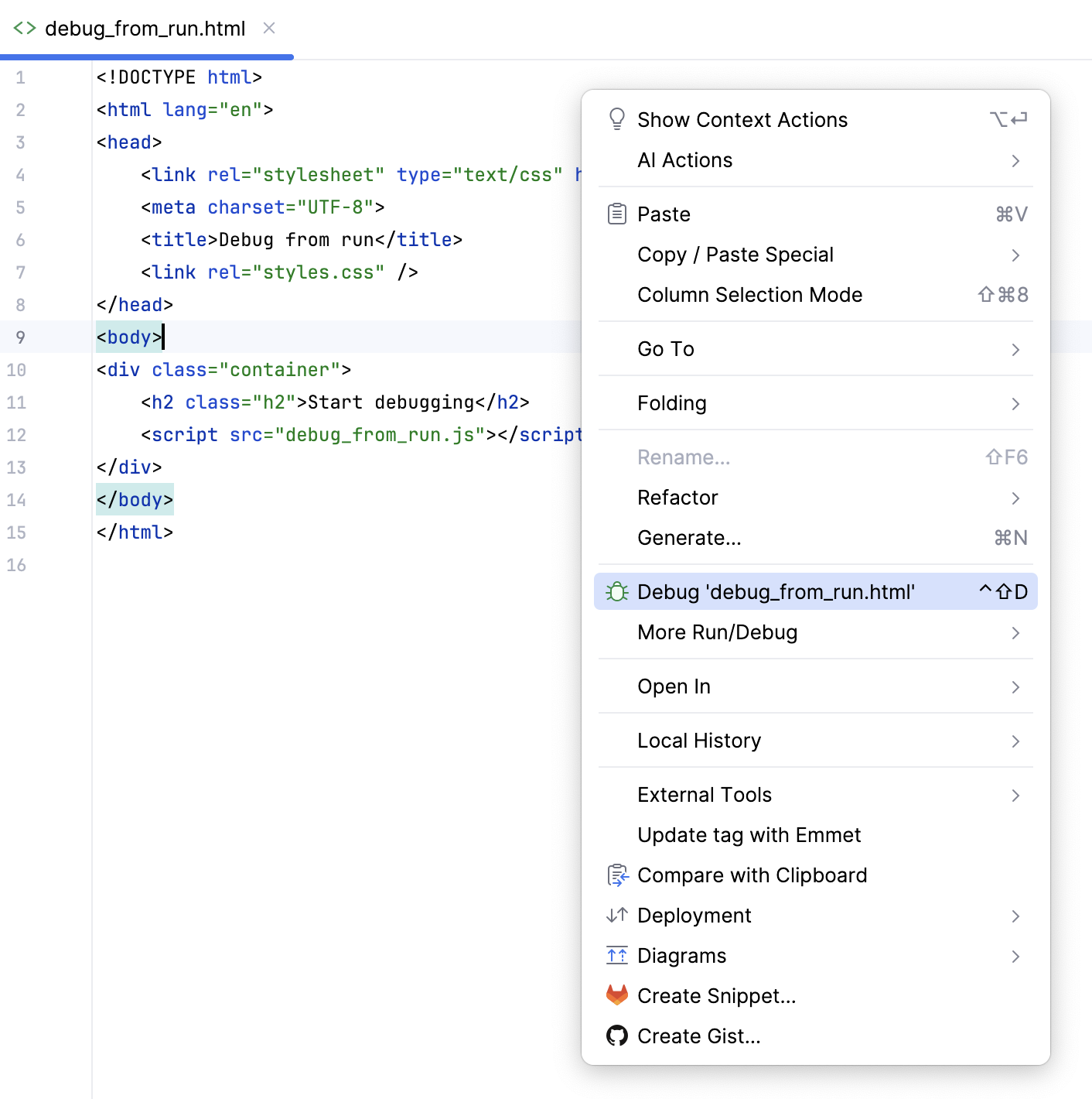 Start debugging session from the editor