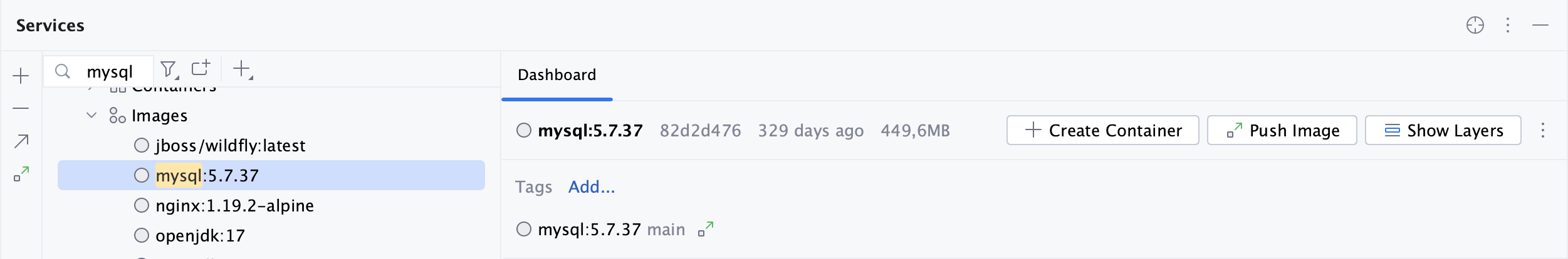 Docker 工具窗口、文本搜索